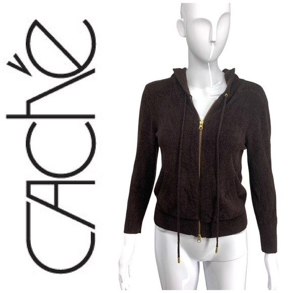 Vintage Y2K Cache Sz S Brown Boucle Knit Hoodie Hooded Sweater Pockets Gold Trim - Picture 1 of 8
